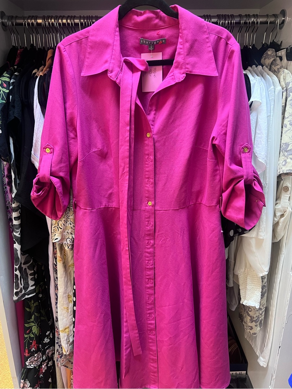 Sharagano Bright Fuchsia Midi Shirt Dress with tie for waist